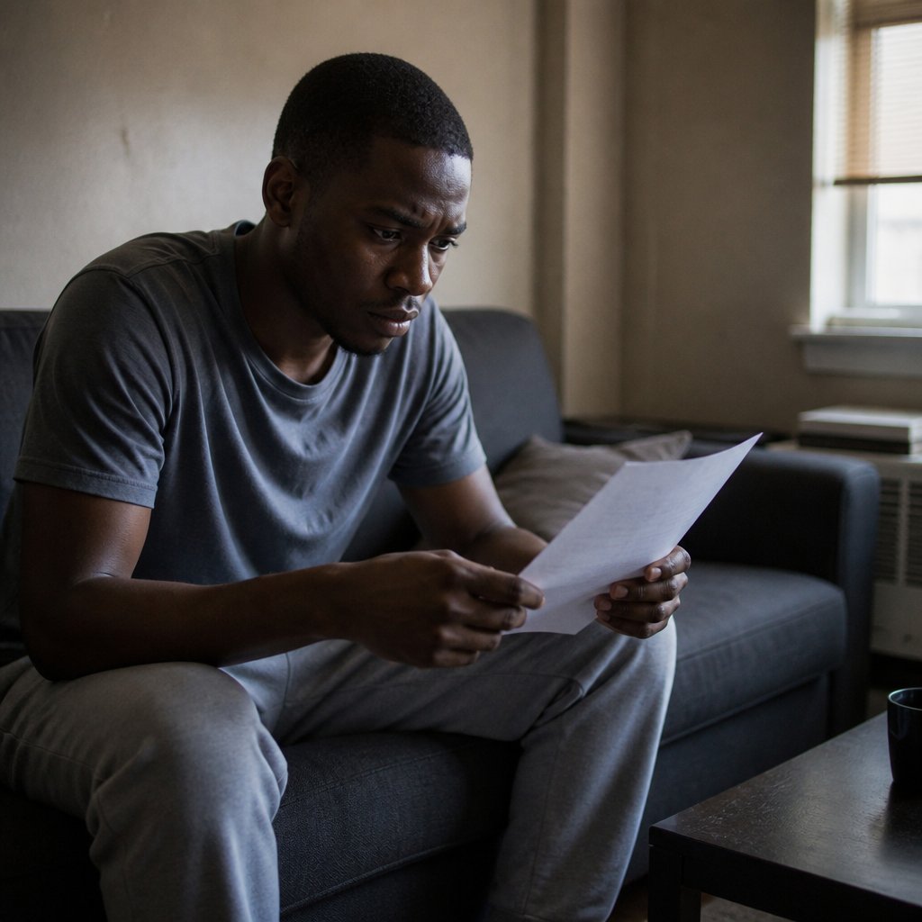Man reading OSHA report in his apartment looking vindicated but bitter