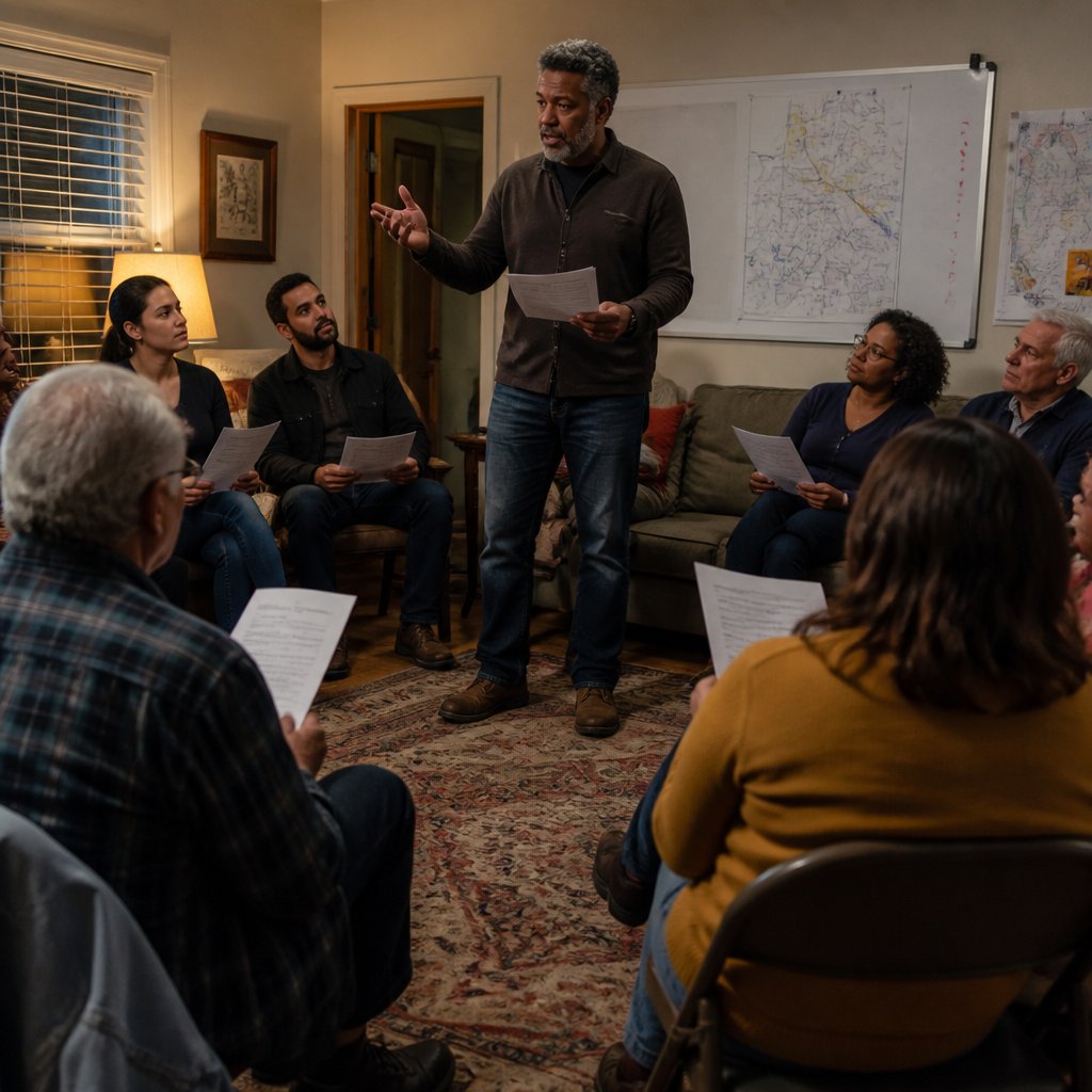 Group of scam victims meeting in a living room organizing their case together
