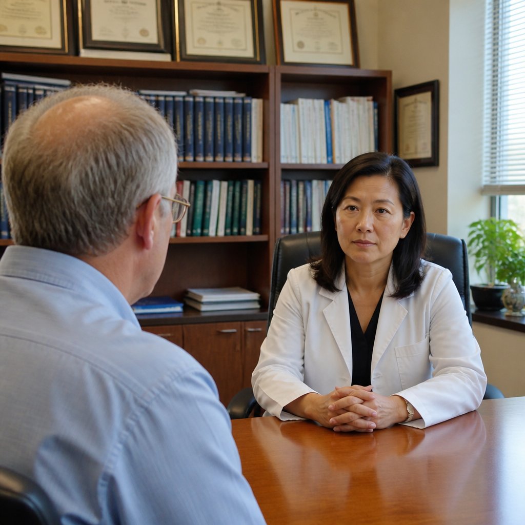 Board-certified neurologist in university office exuding scientific authority