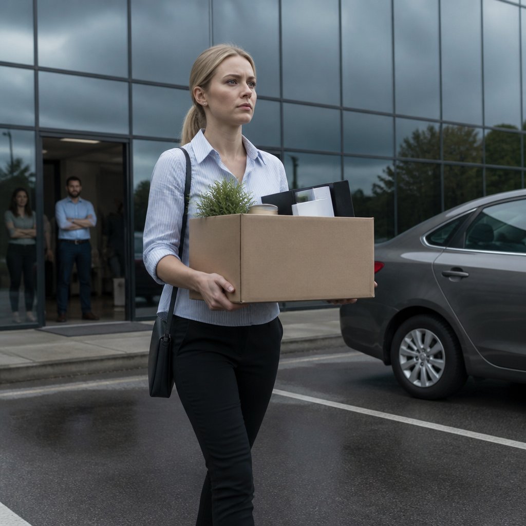 Woman carrying box of belongings out of office building with chin up and strained expression
