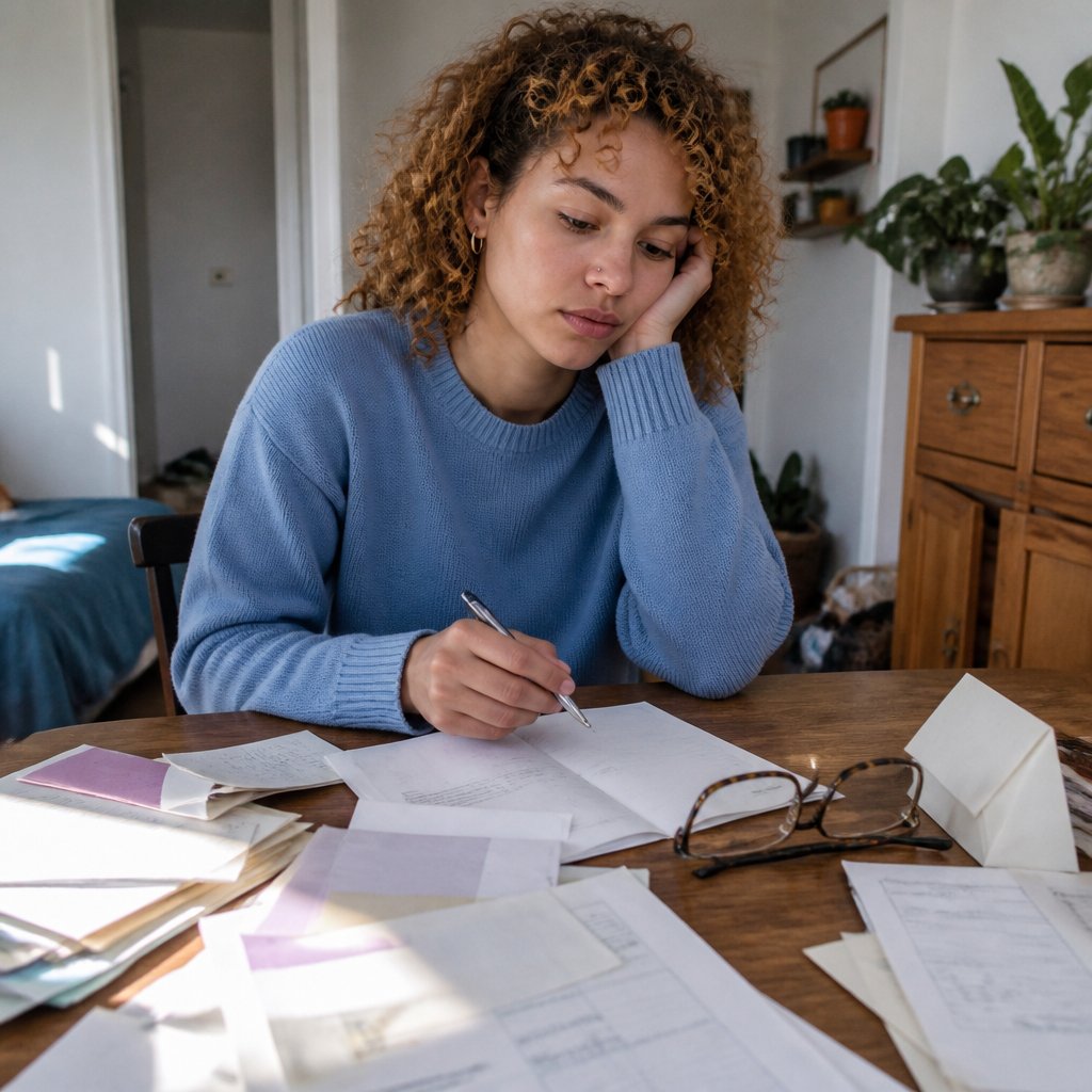 Person hesitating to sign a release form at a cluttered desk in a small apartment.