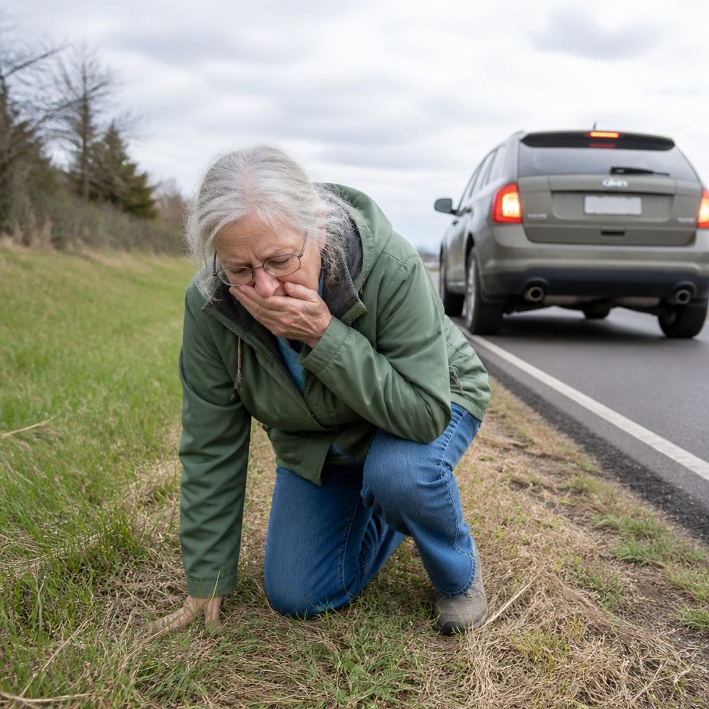 Woman vomiting on highway shoulder, visibly ill after migraine caused by injury.