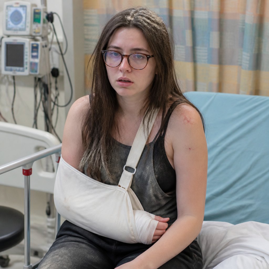 Young woman in ER with arm in sling and plaster dust still in her hair looking shell-shocked