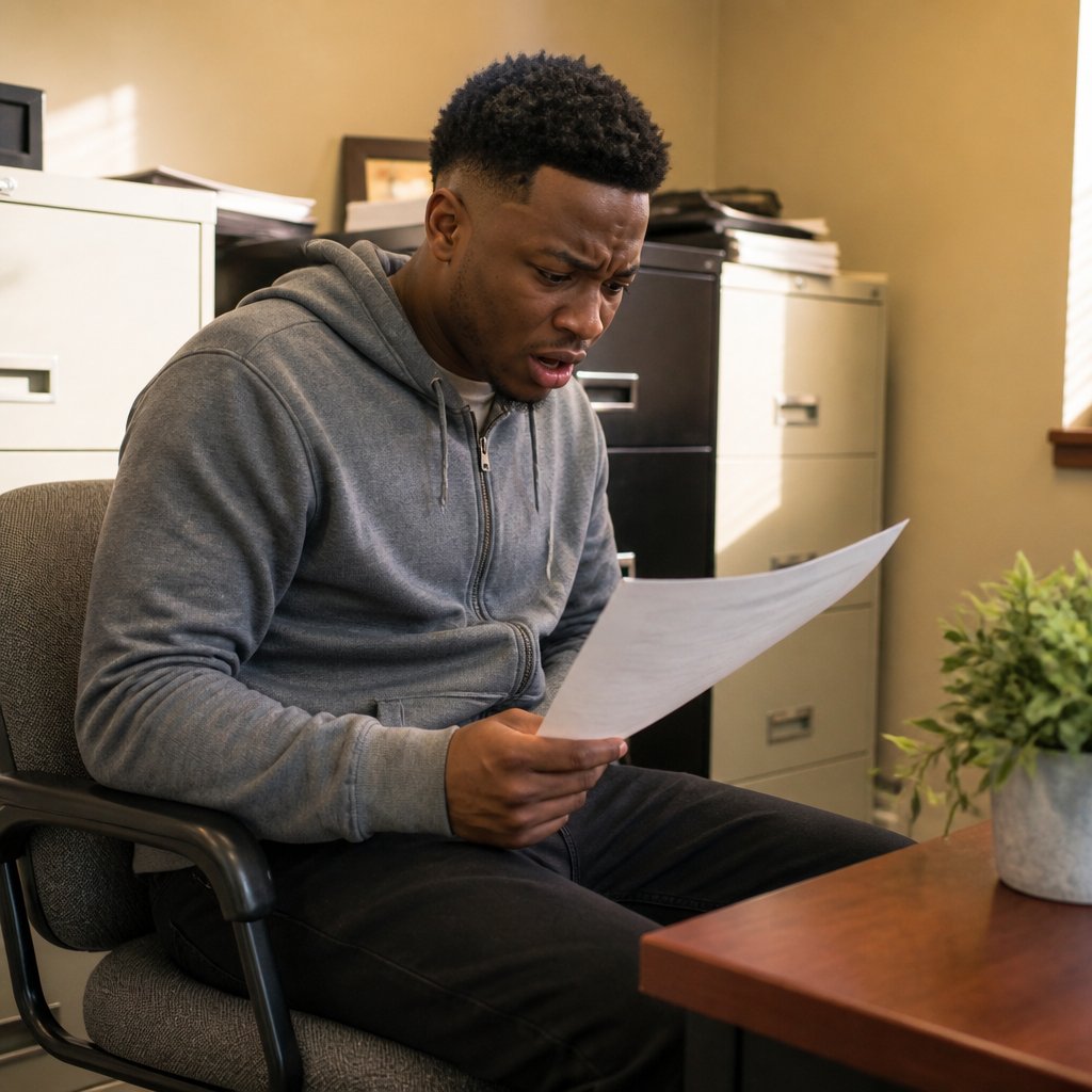 Man seated in HR office holding a printed email, staring with shock and hurt at the document.