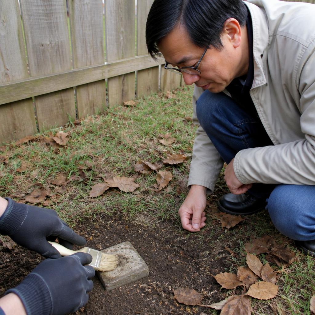 Hands cleaning dirt off concrete property marker with man looking on nearby