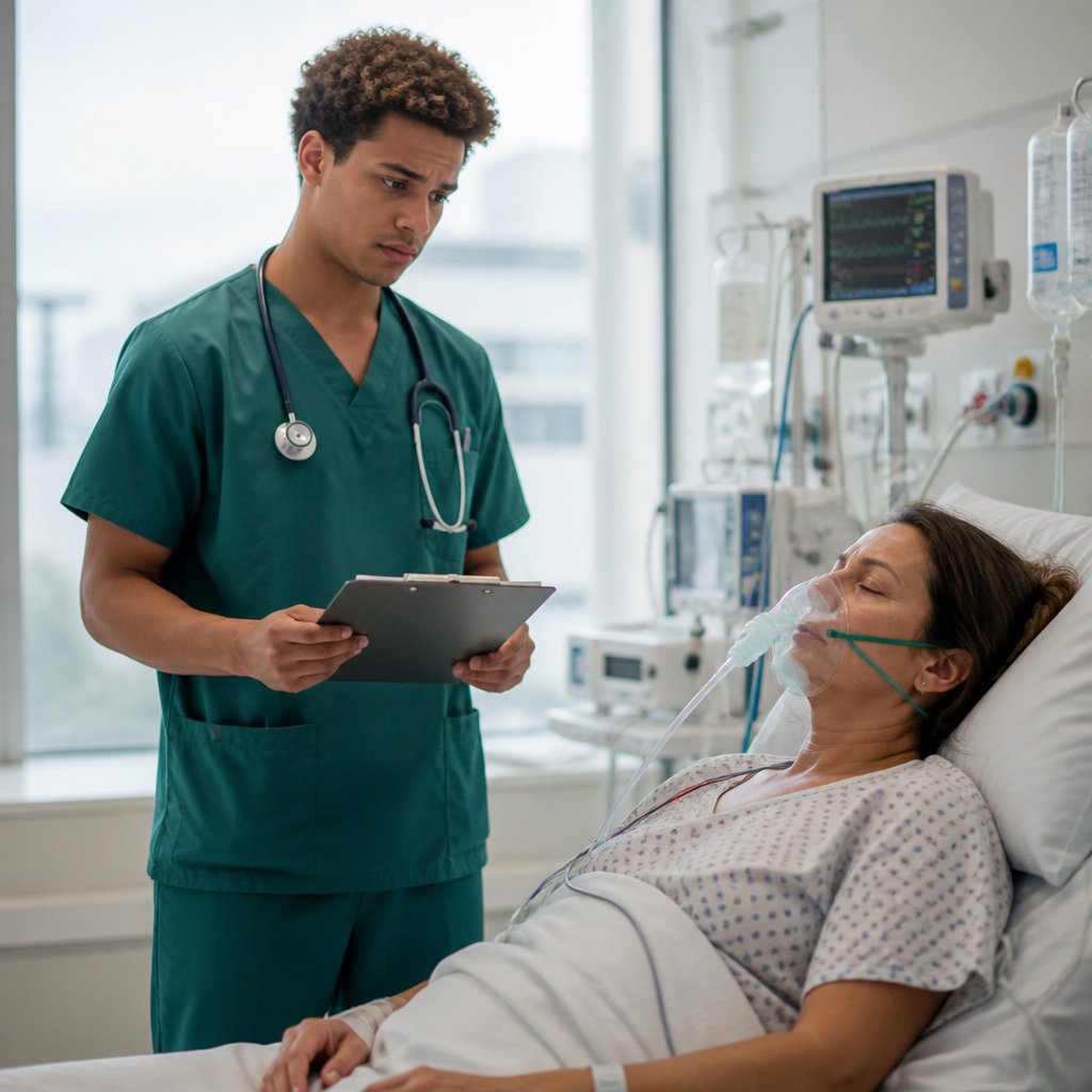 Young man in scrubs looking concerned while monitoring a post-op patient's vital signs in a hospital room.