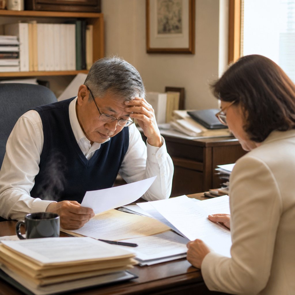 Man holding court documents looking distressed in lawyer's office.