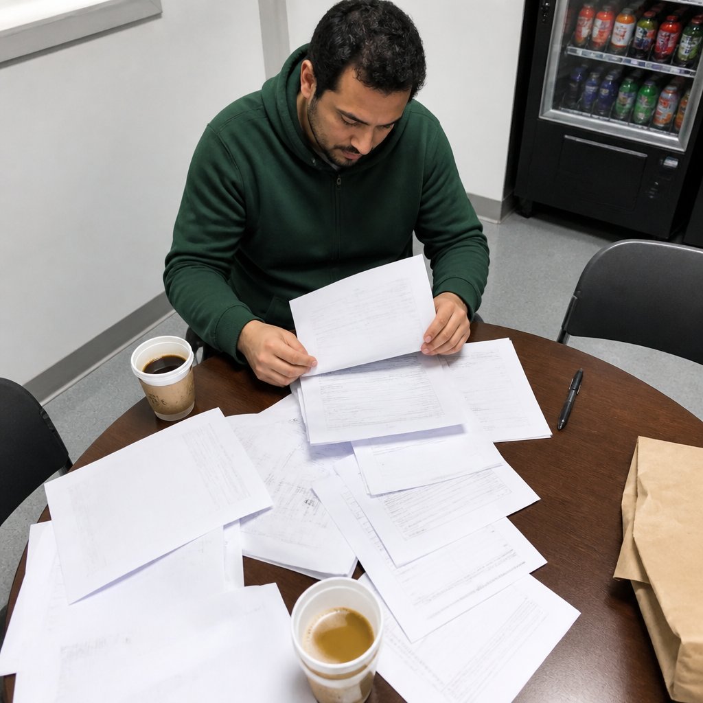 Man in green hoodie reviewing printed application records spread on a breakroom table.