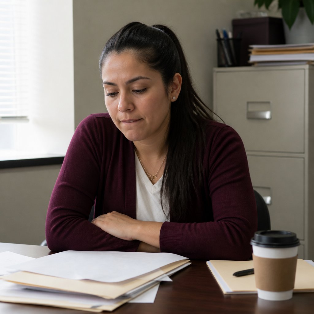 Latina woman in HR office hesitates after receiving a warning email.