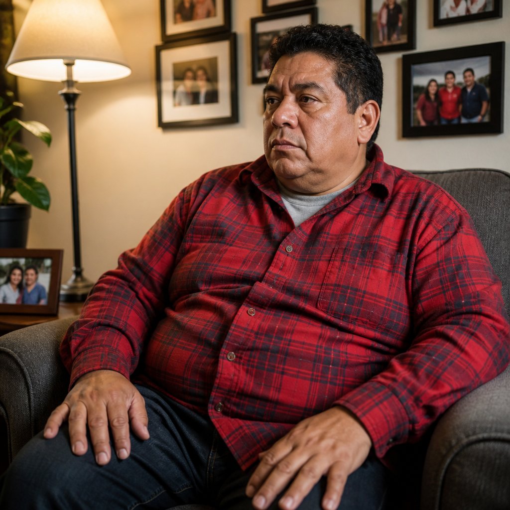 Man sitting in armchair holding phone face down, looking tense and worried inside his living room.