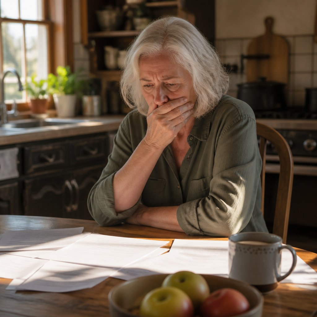 Woman staring at lawsuit papers with hand over her mouth, looking scared and isolated