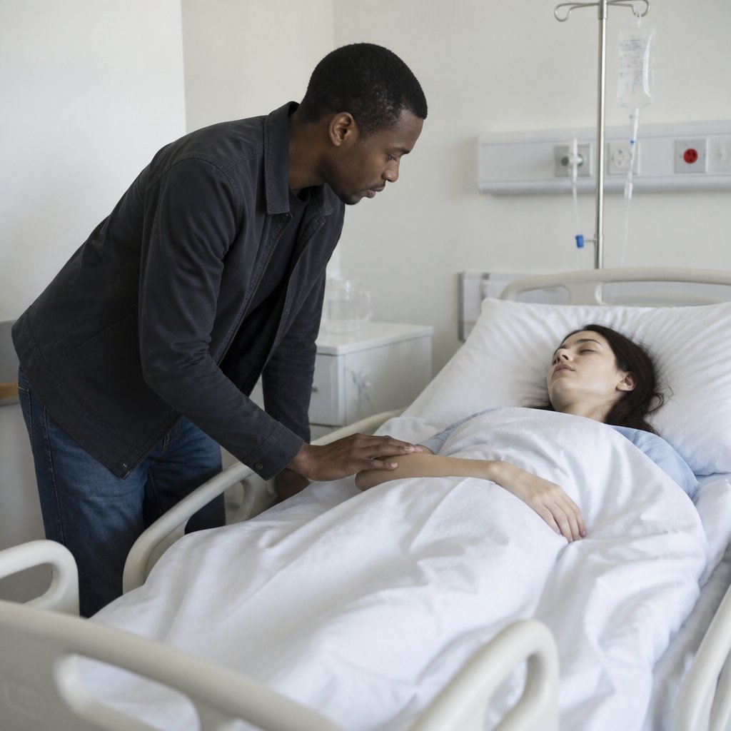 Man beside hospital bed with patient showing concern for post-op pain