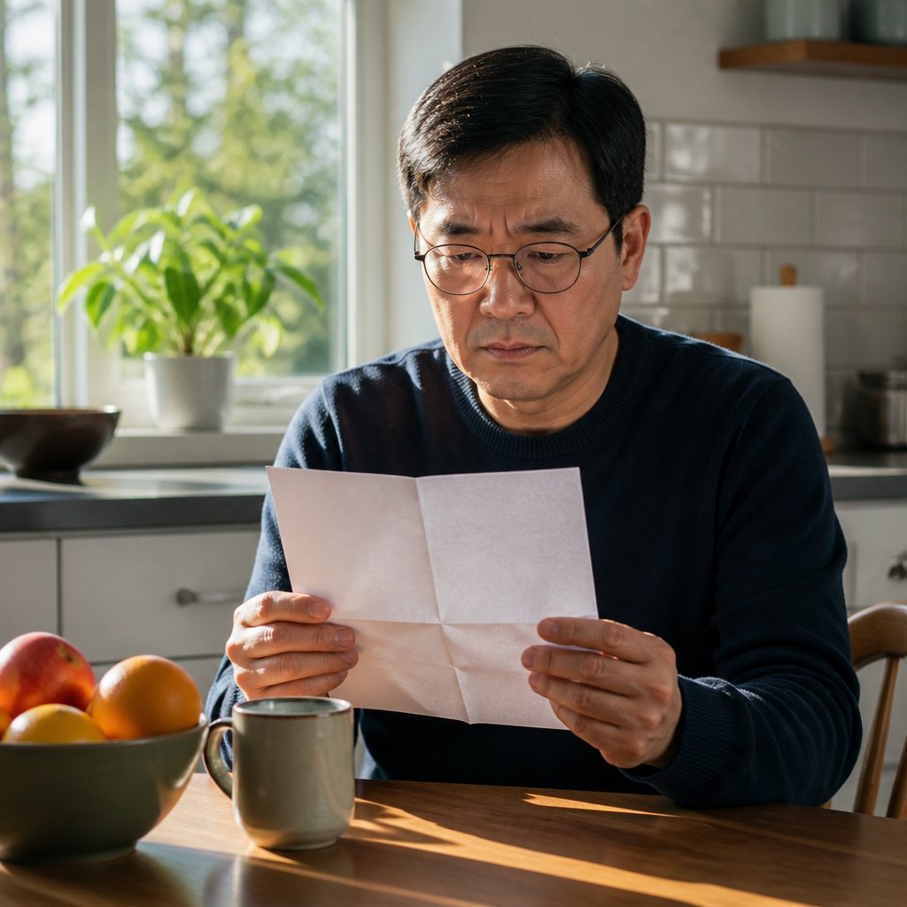 Man reading a legal letter at kitchen table, looking concerned.