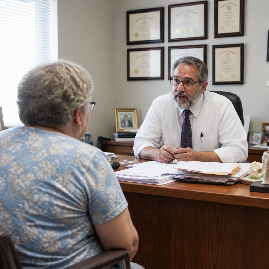 Medical director in office delivering a serious legal caution.