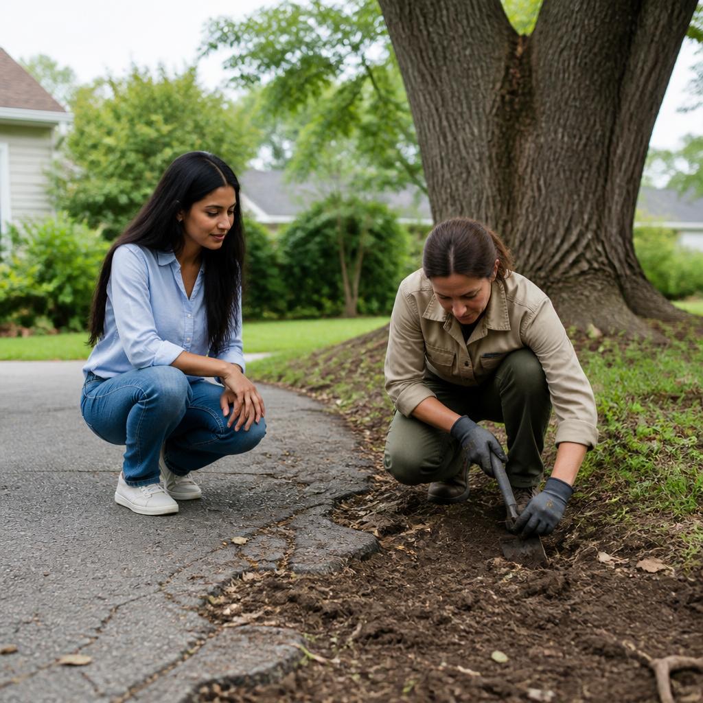 Woman watches arborist dig test pit near driveway to check tree roots.