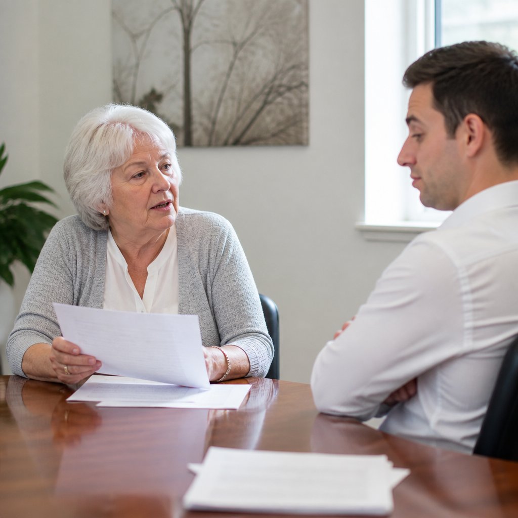 Older white woman meeting with supervisor in small office, discussing lab quality deviation