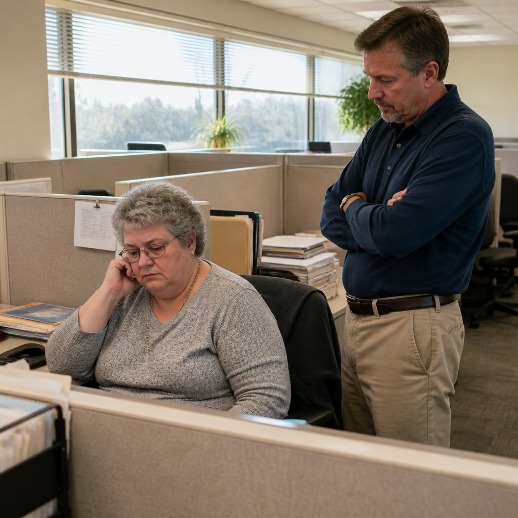 Supervisor standing over fatigued woman in cubicle, telling her to keep working despite pain.