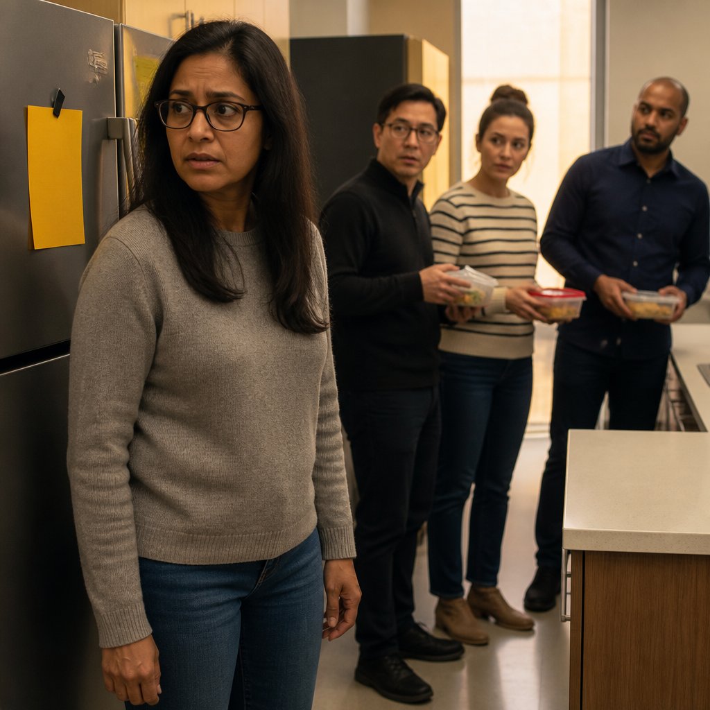 Woman holding phone down near a break room fridge with a new 'no phones' memo, appearing concerned.