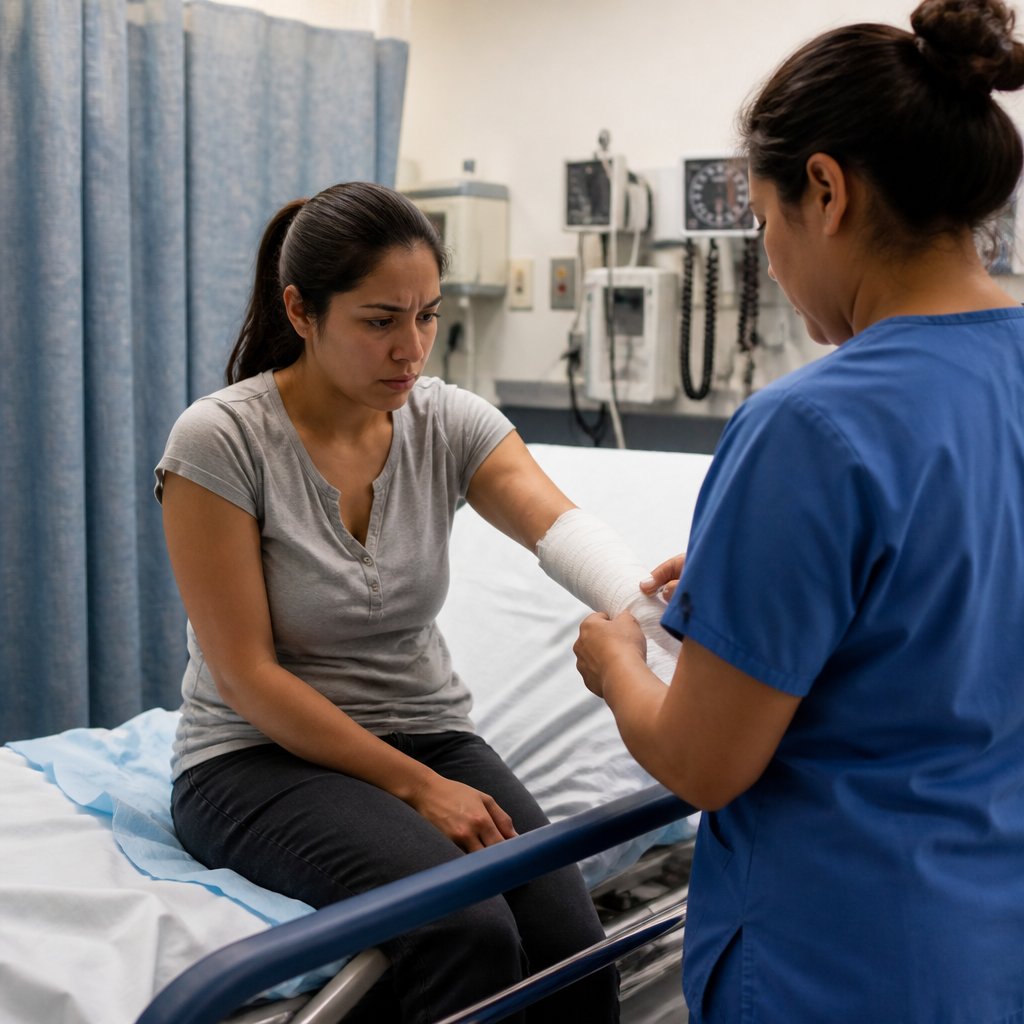 Woman getting her wrist cast at the ER looking worried about her financial situation