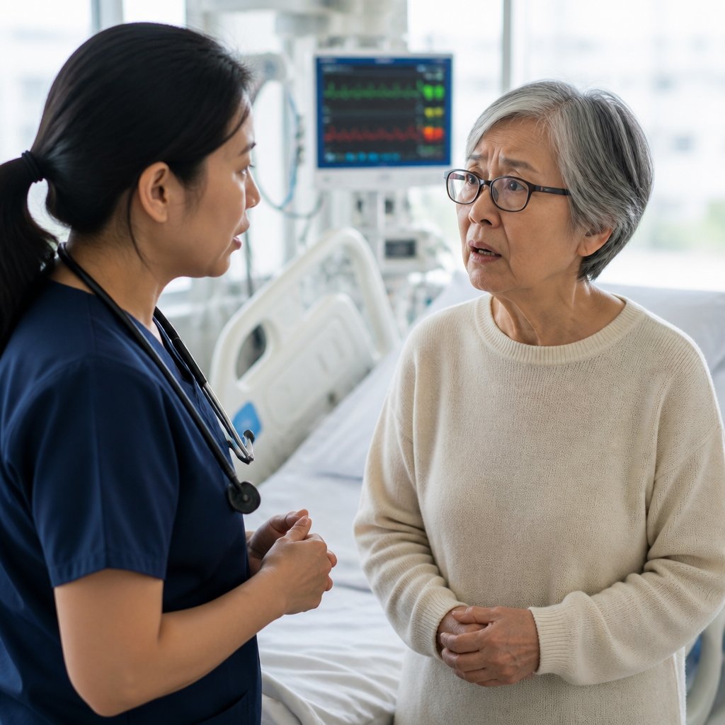Nurse whispering urgent news to concerned wife beside patient bed