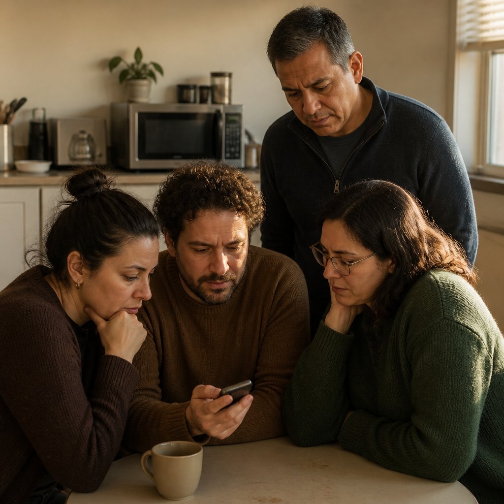 A group of coworkers reviewing a phone message together in a break room, looking concerned.