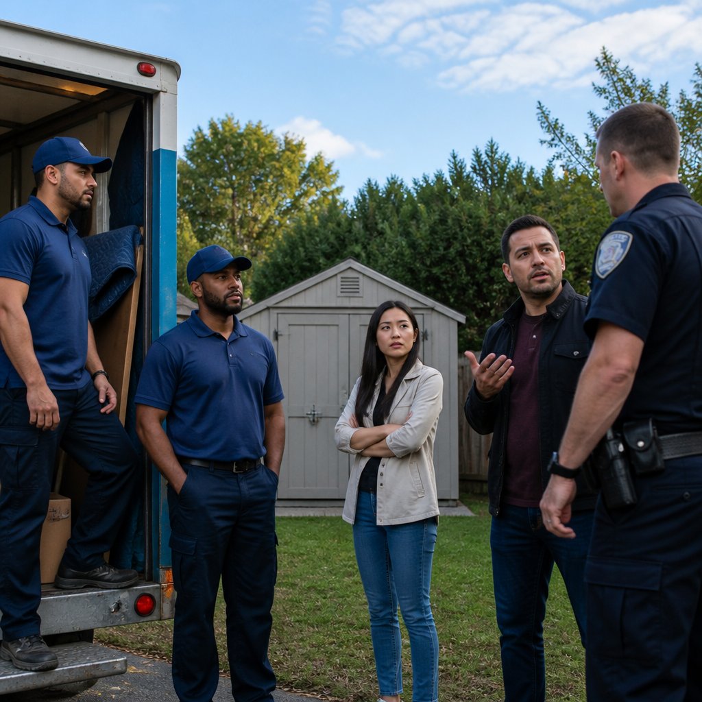 Woman, movers, man, and police officer standing around locked shed.