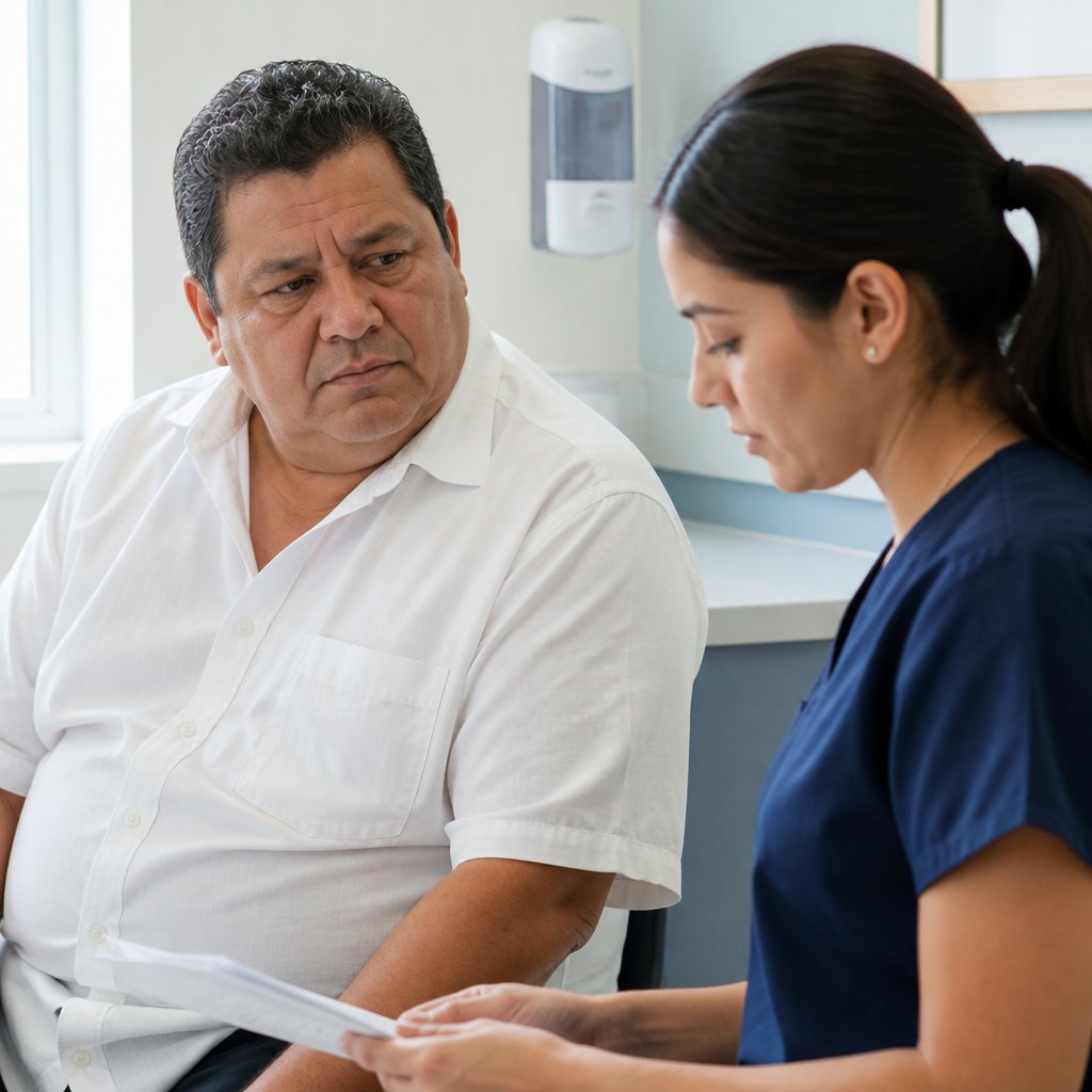 Man and new nurse in exam room during appointment with tense atmosphere.