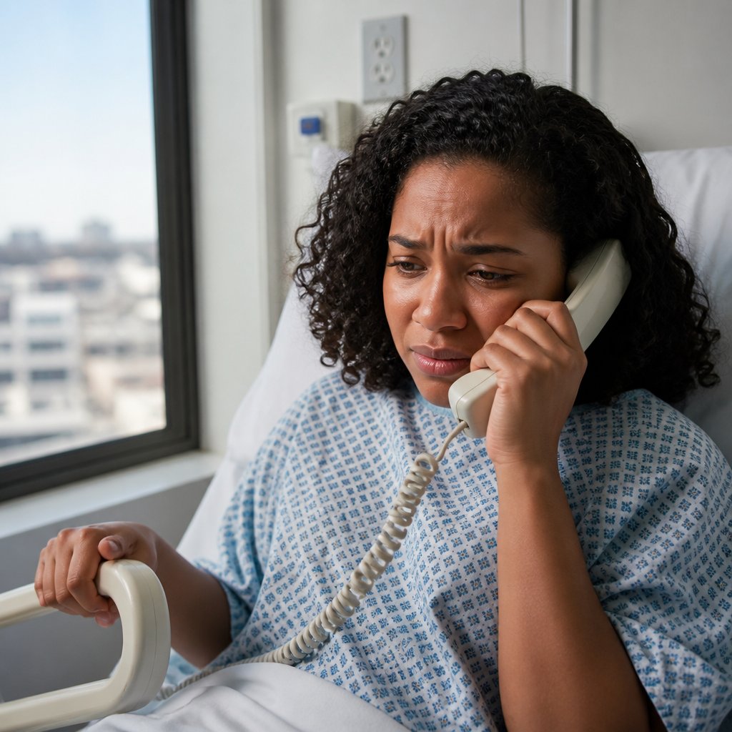 Woman in hospital gown on bed looking hurt while holding a phone to her ear.
