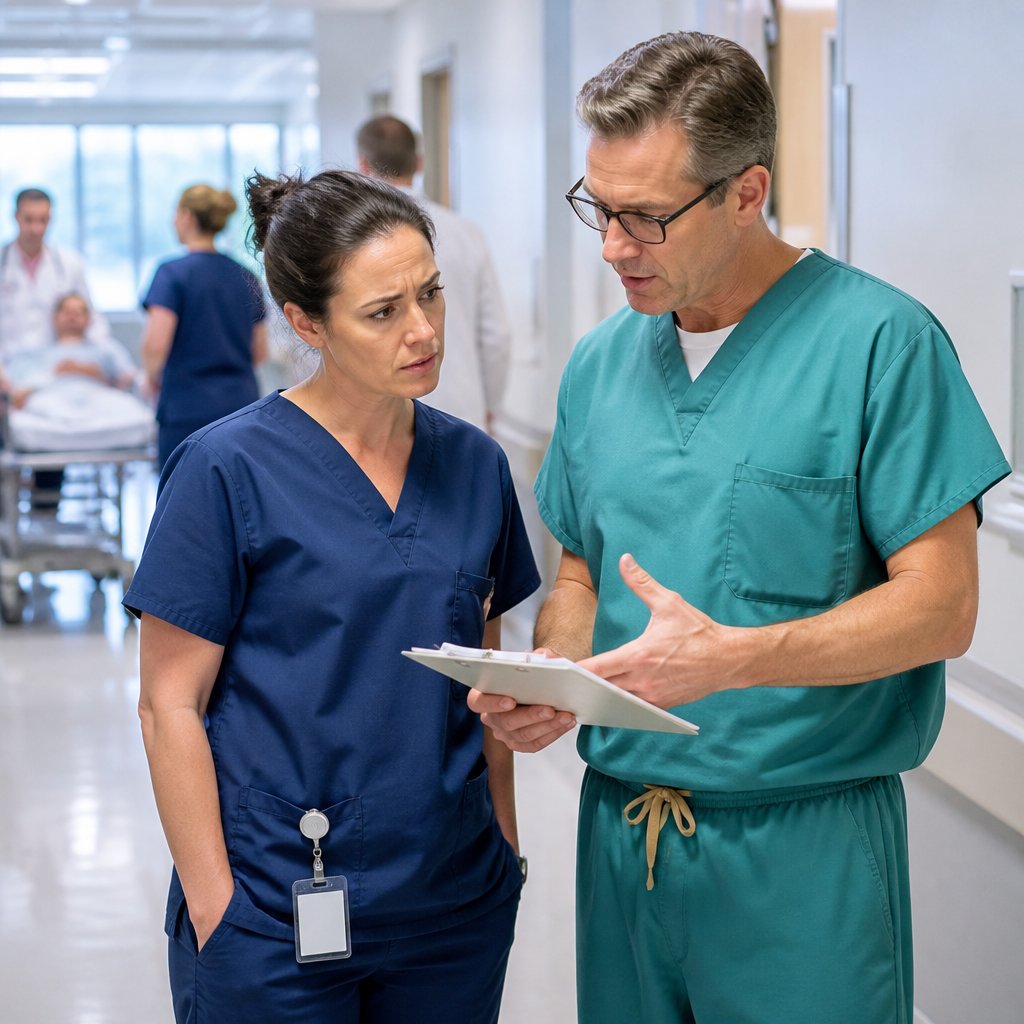 Nurse and ER doctor in hallway discussing consult timing with concerned expressions.