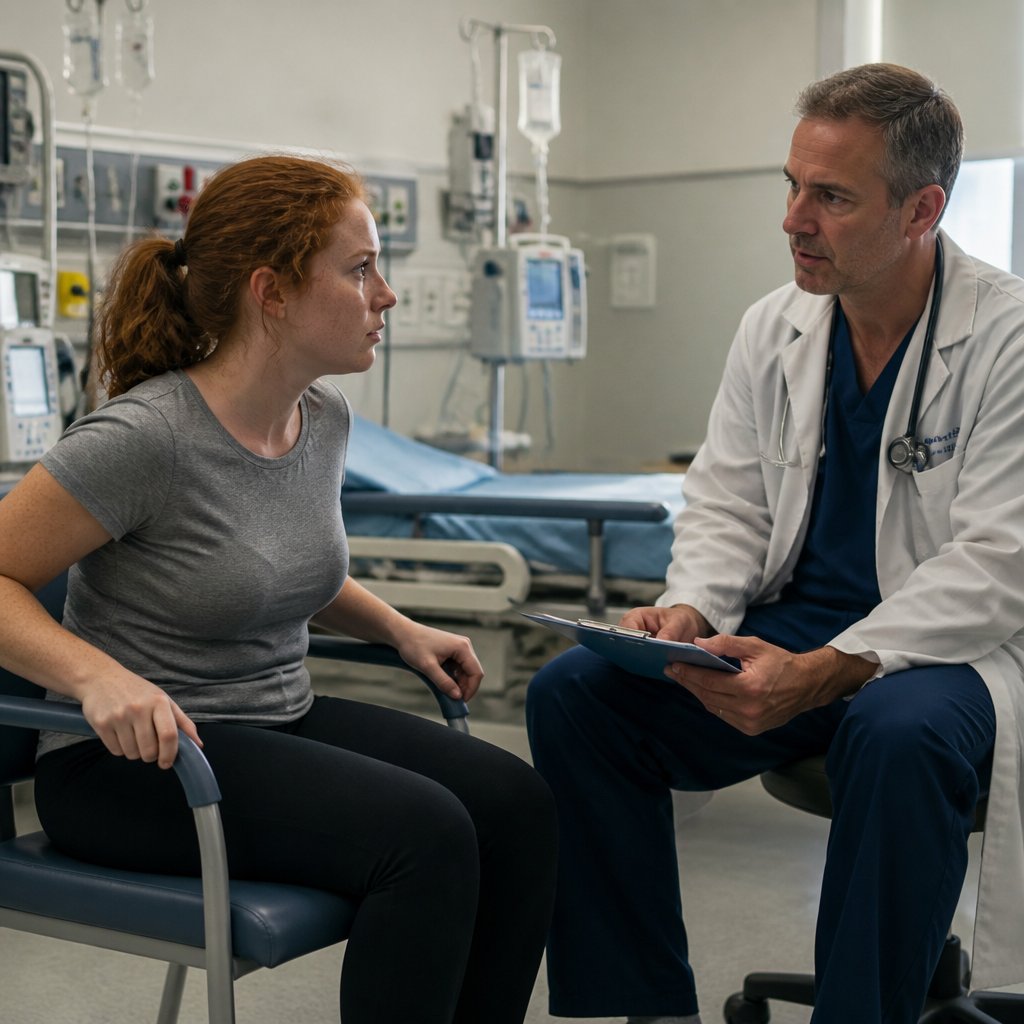 Young woman in hospital ER talking tense with a male doctor.