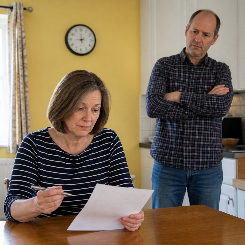 Woman hesitating over signing a contract offered by neighbor in kitchen setting.