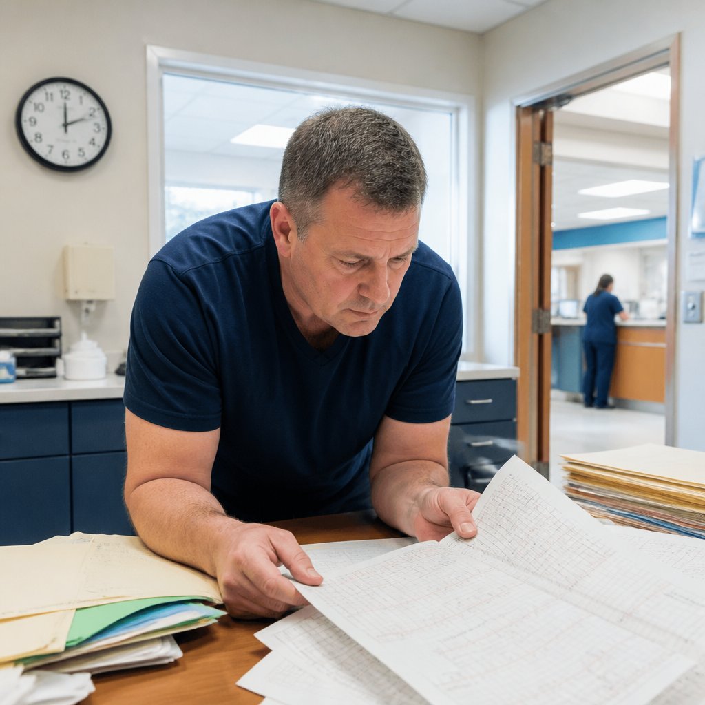Nurse reviewing patient charts and noticing suspicious late addendum to records.