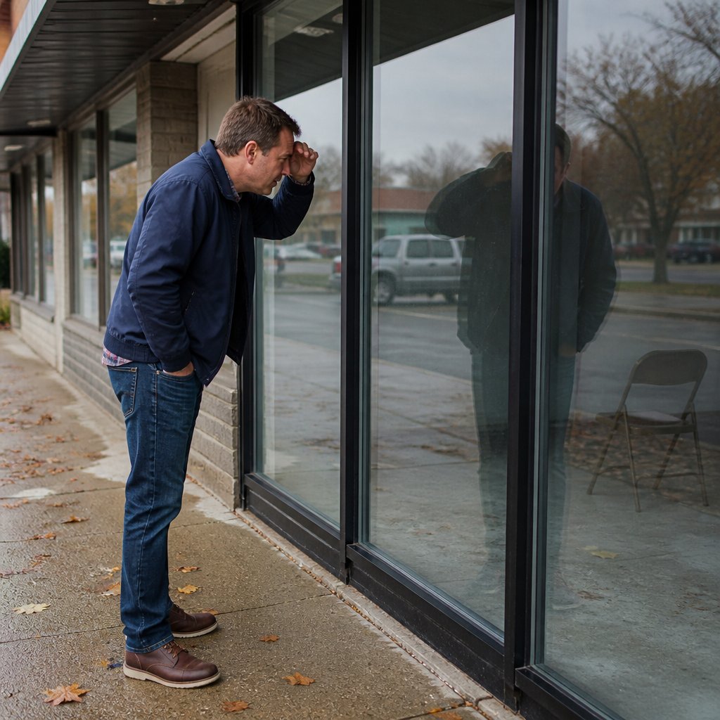 Man peering into abandoned contractor's office in a strip mall with dawning dread