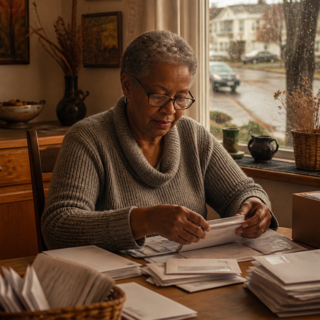 Older Black woman assembling job application packets at kitchen table, looking tense and focused.