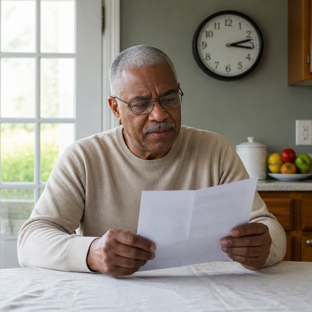 Man reading HOA letter at kitchen table, worried expression