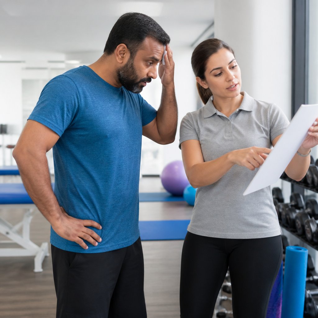 Patient and physical therapist discussing recovery in gym setting.
