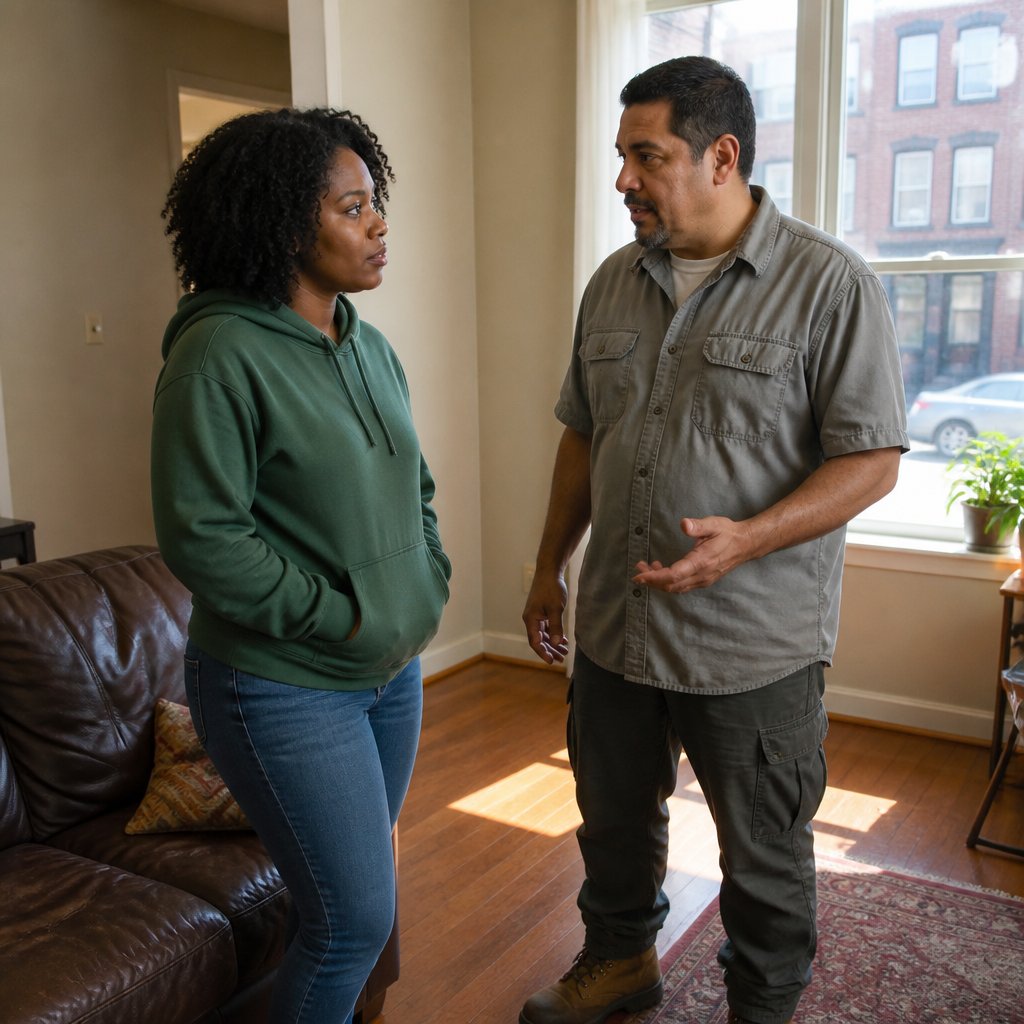 Woman listening to maintenance man warning her quietly in a modest living room.