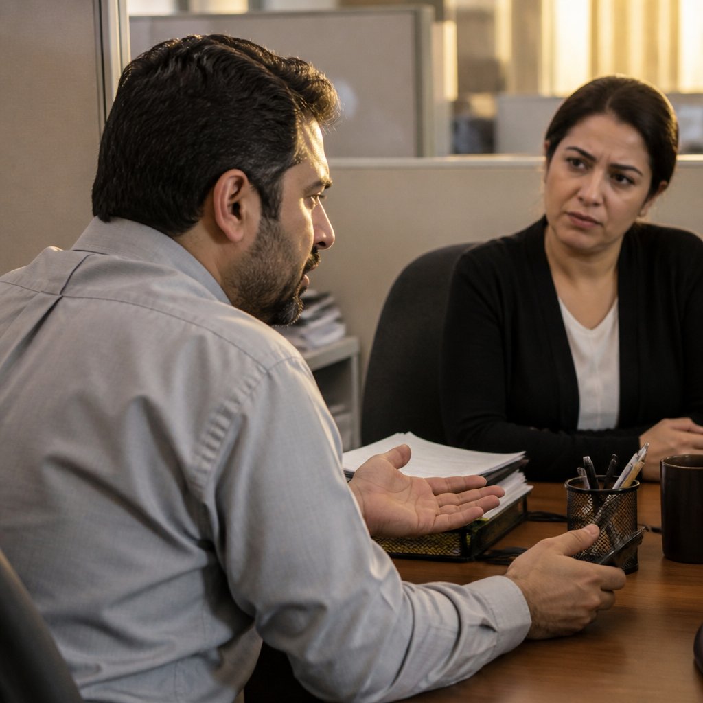 Man showing screenshots on phone to HR woman in office cubicle, both serious.