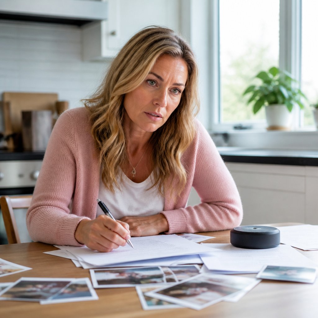 Woman reviewing documents and talking on speakerphone at kitchen table.