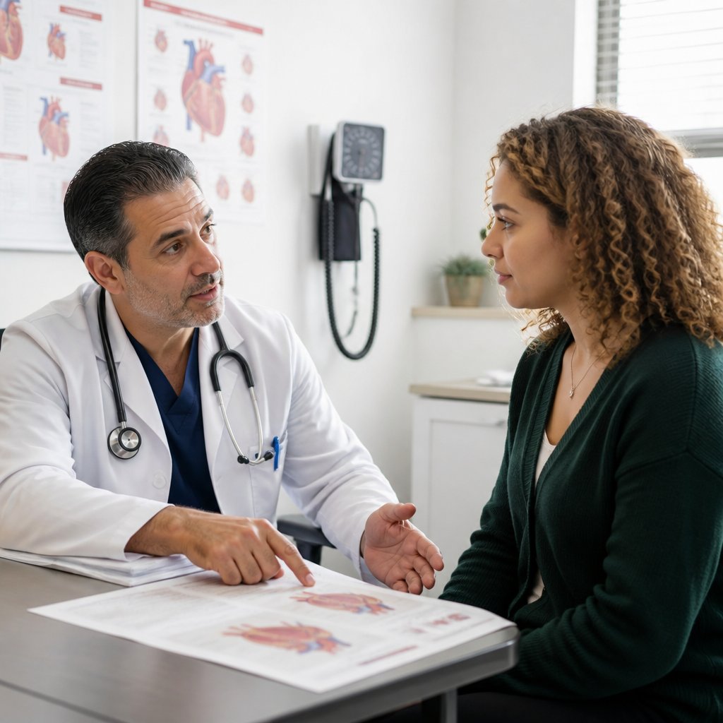 Cardiologist discussing test results with patient in exam room.