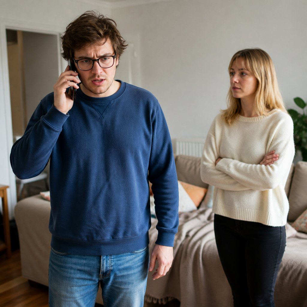 Man speaking on phone with frustrated expression, woman standing nearby in living room