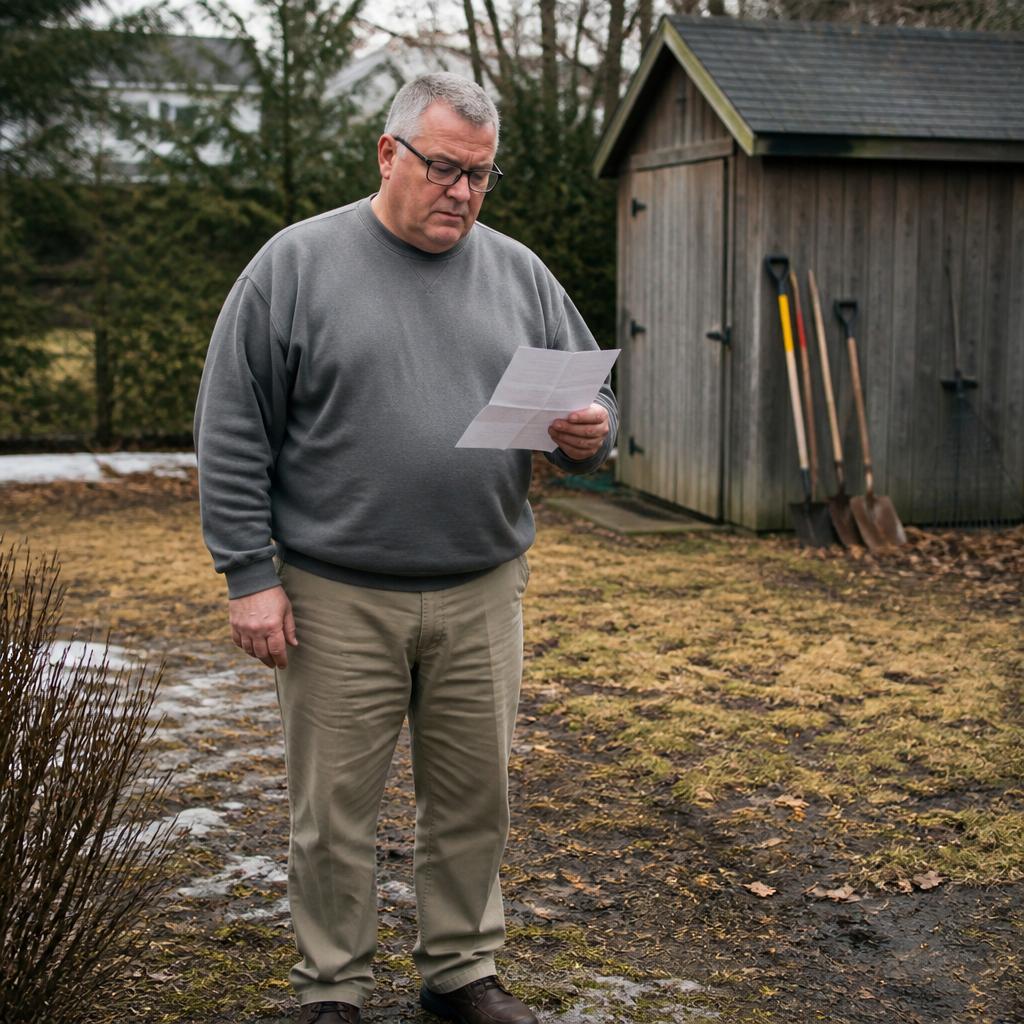 Man reading formal notice about standing water in backyard, looking stressed.