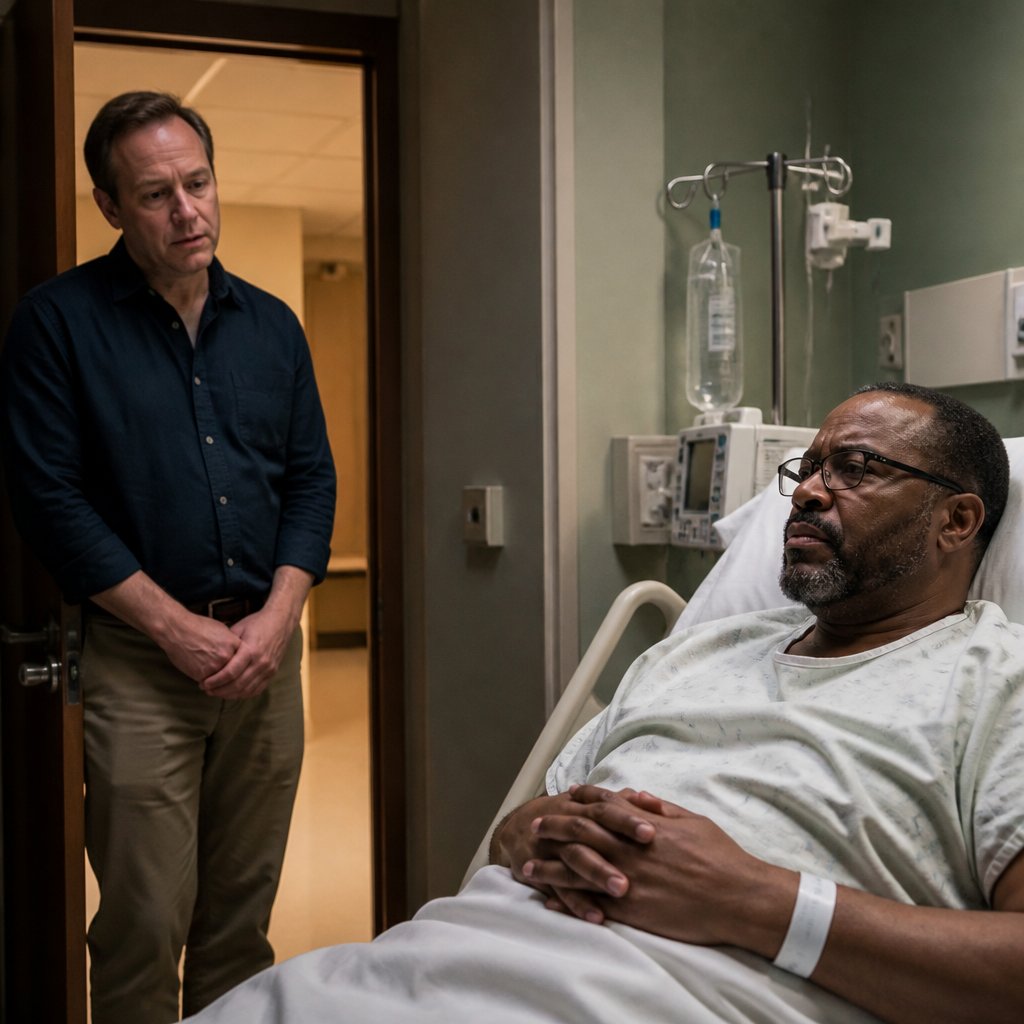 Doctor arriving in casual clothes looking shaken while patient watches with anger