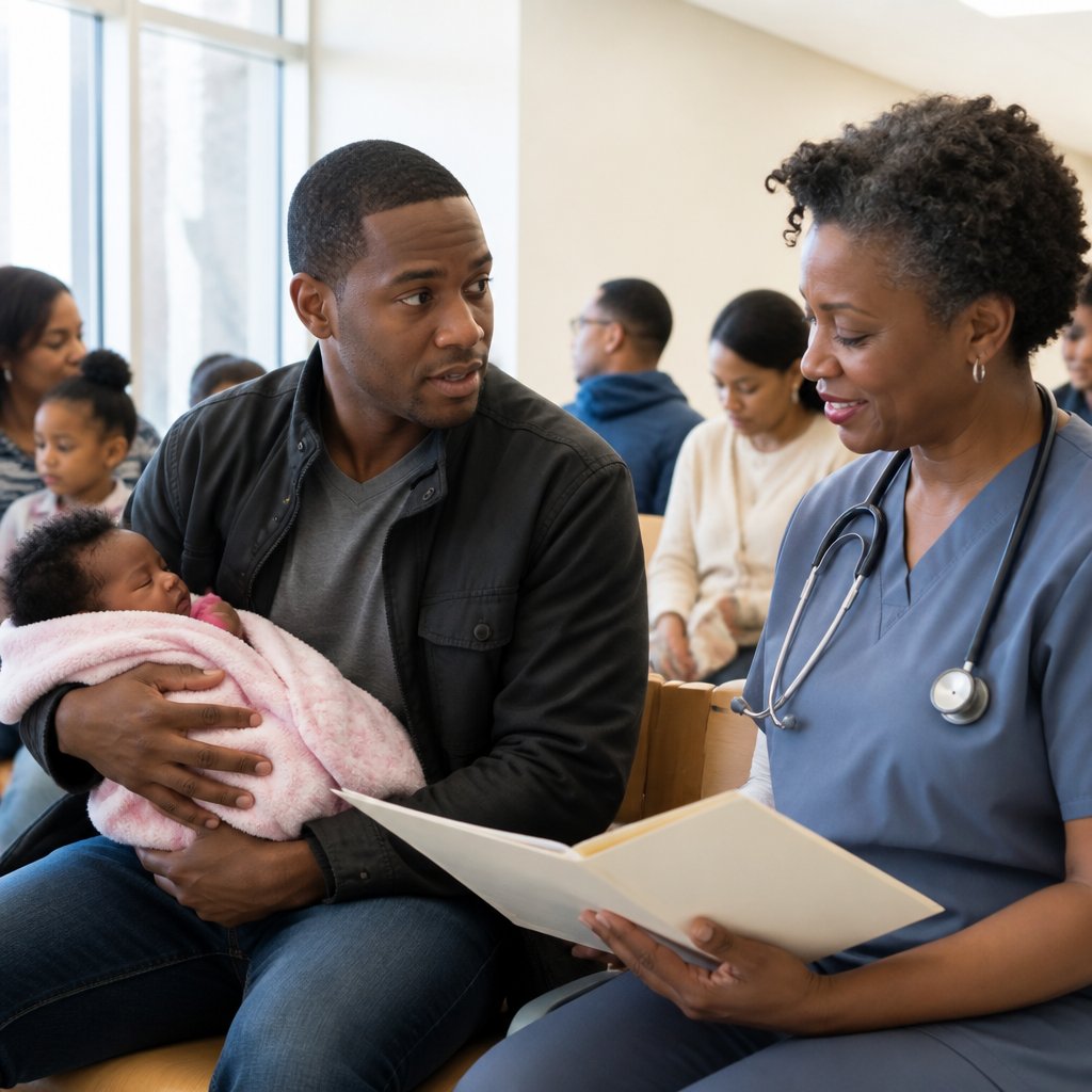 Father and baby in a clinic waiting room with doctor offering reassurances.