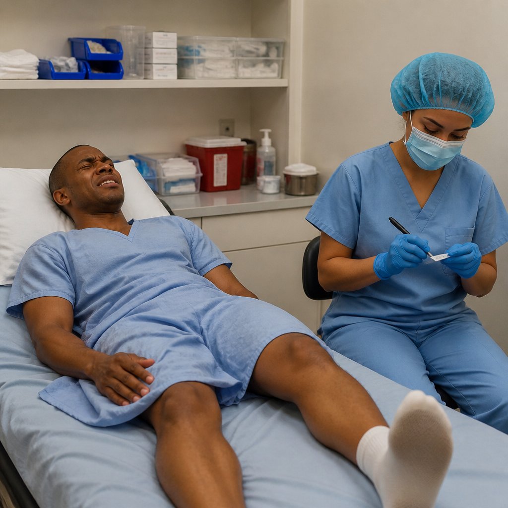 Patient wincing as a tech writes a sticker without engaging with him.