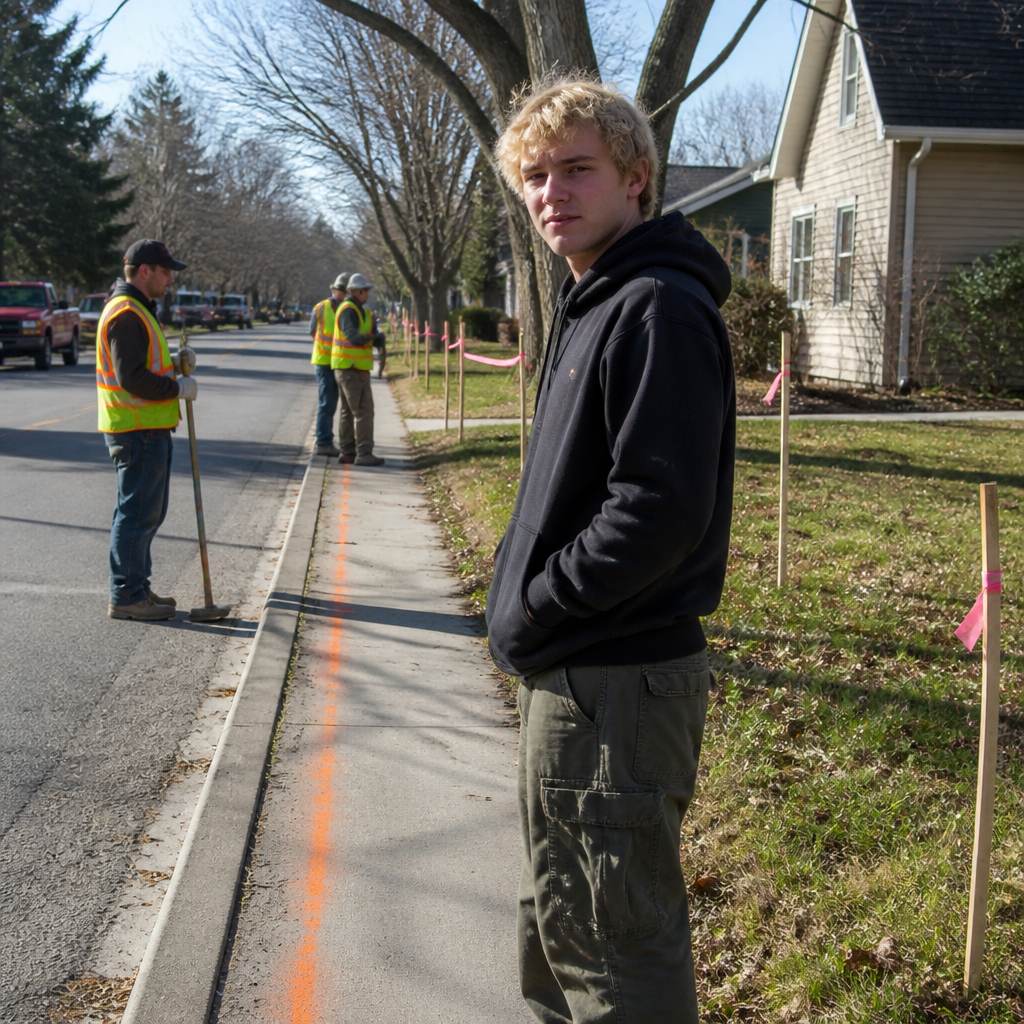 Man watching construction crew marking sidewalk near property line with paint and survey stakes.