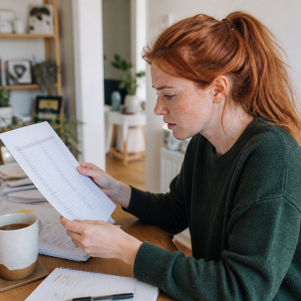 Woman reviewing contradictory independent LC-MS/MS lab report at home.