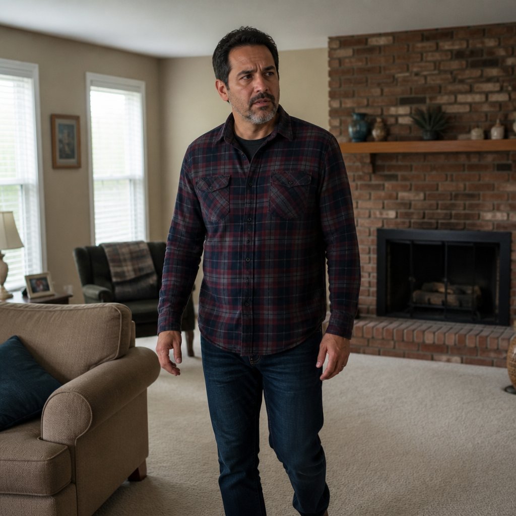 Man paces in living room holding phone, troubled by contractor’s claim of authorization.