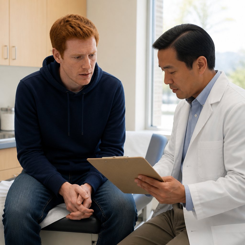 Young red-haired white man on exam table listening to hospitalist explaining culture results.