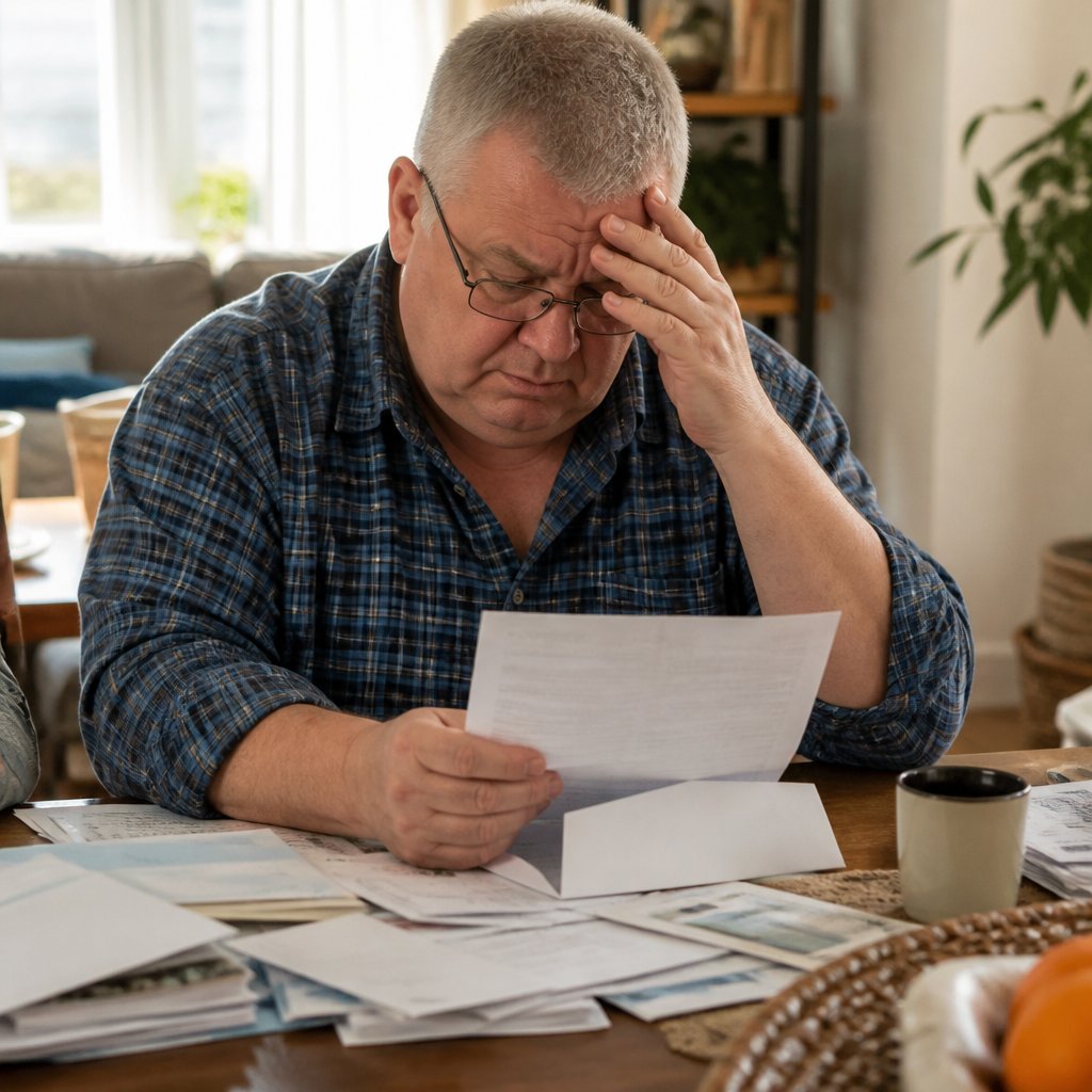 Man reading official letter at dining table, surrounded by bills; looks frustrated and tired.